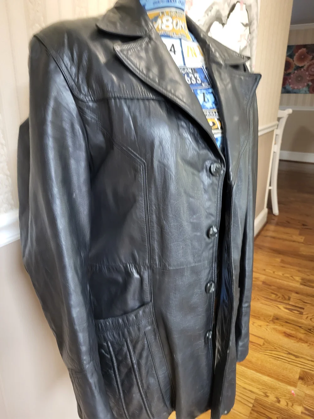 Vtg. Men's Black Leather Button-Front Trench Coat, Size 42, Meduim